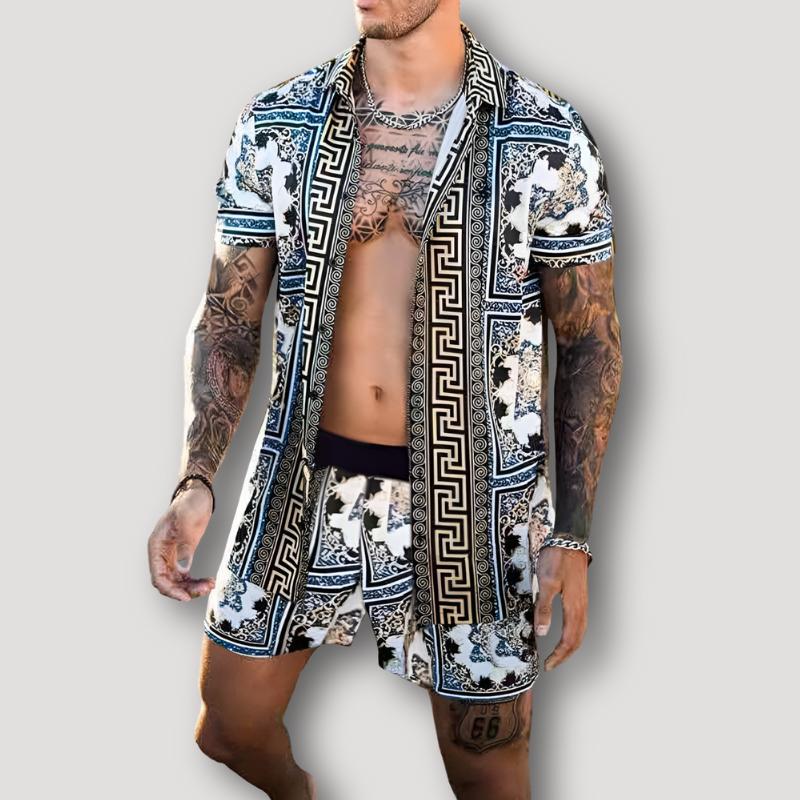 Levendige Grafische Prints Kraag Shirt Zomer Outfit Set