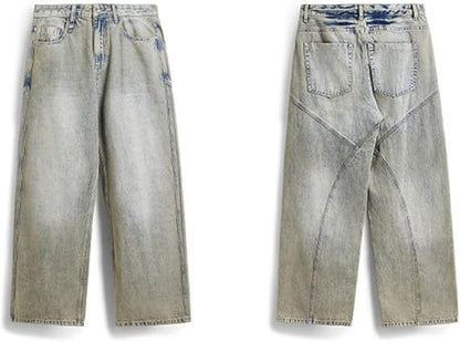 Jeans Wide Leg - Distressed V-Form Naad Patroon - Licht Washed Denim