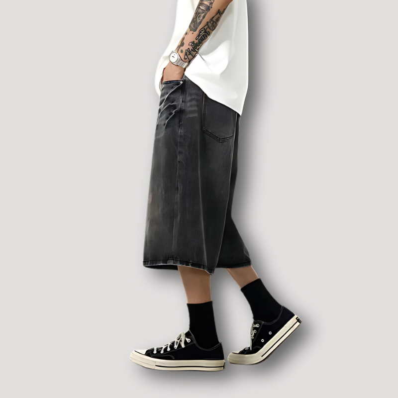 Retro 90er Vervaagd Zwart Baggy Wide Leg Oversized Denim Shorts