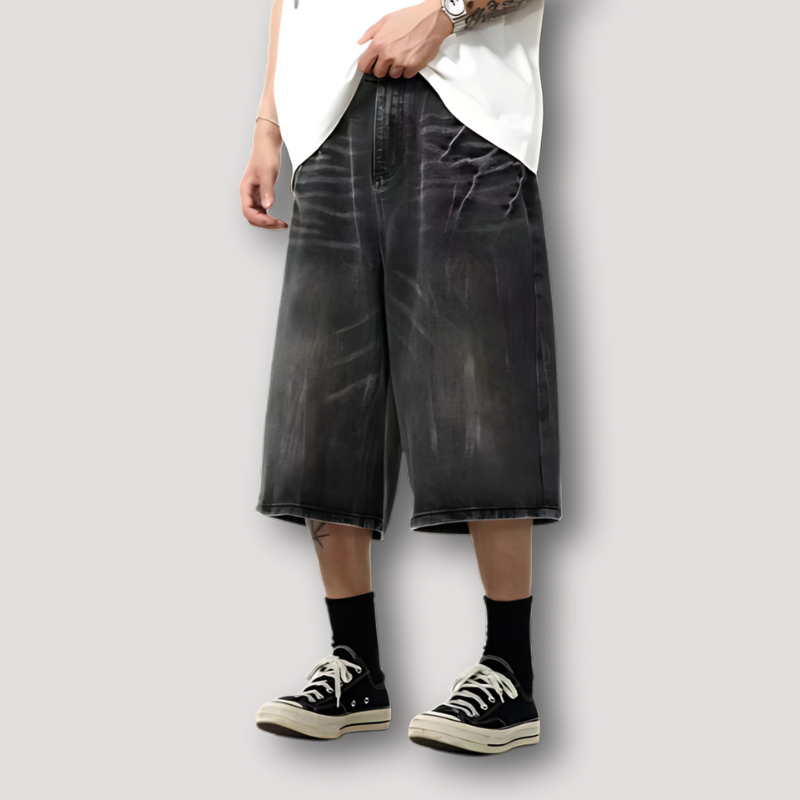 Retro 90er Vervaagd Zwart Baggy Wide Leg Oversized Denim Shorts