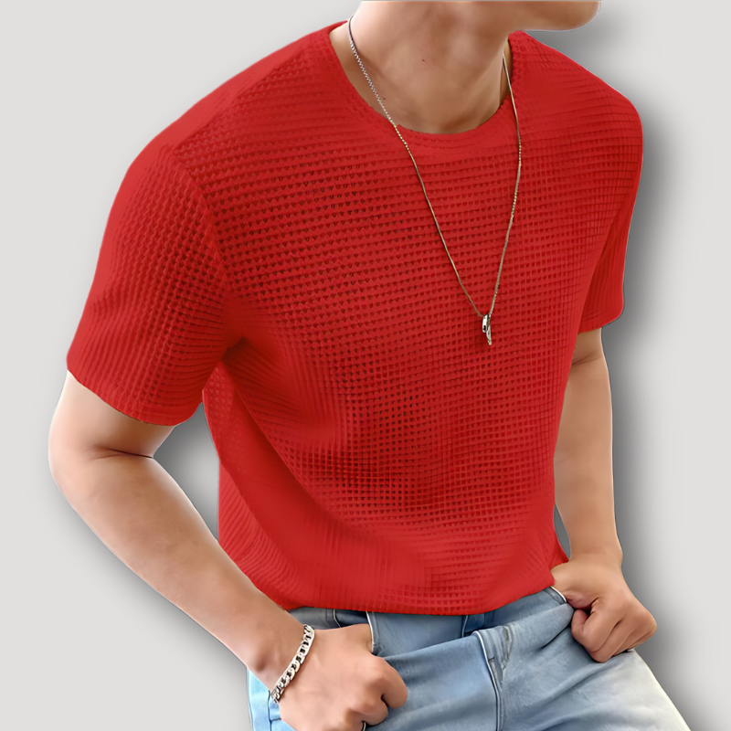 Rood Wafel Knit Zomer Crew Neck T Shirt Mannen