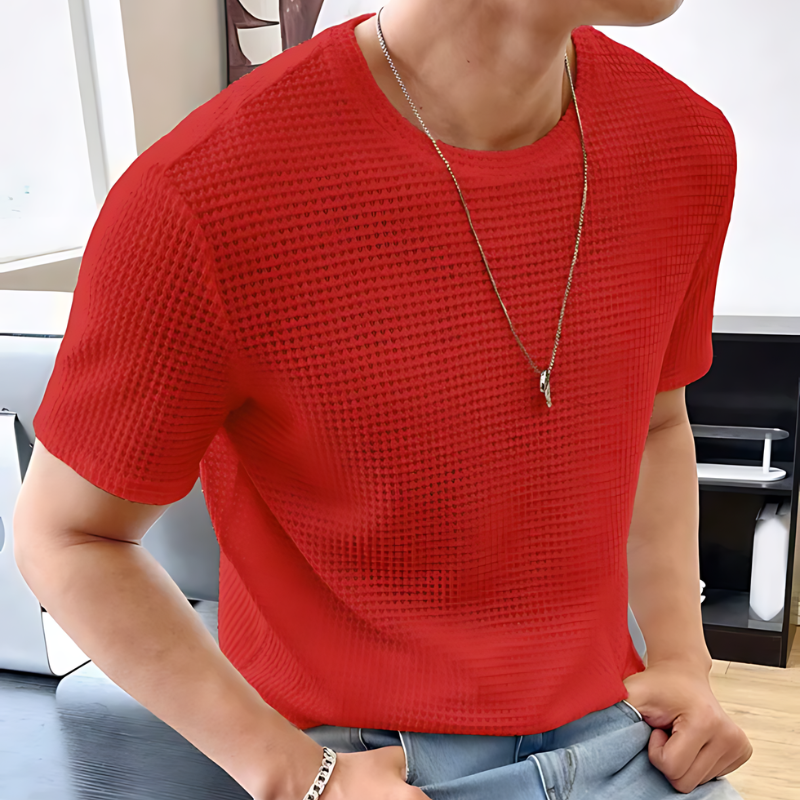 Rood Wafel Knit Zomer Crew Neck T Shirt Mannen