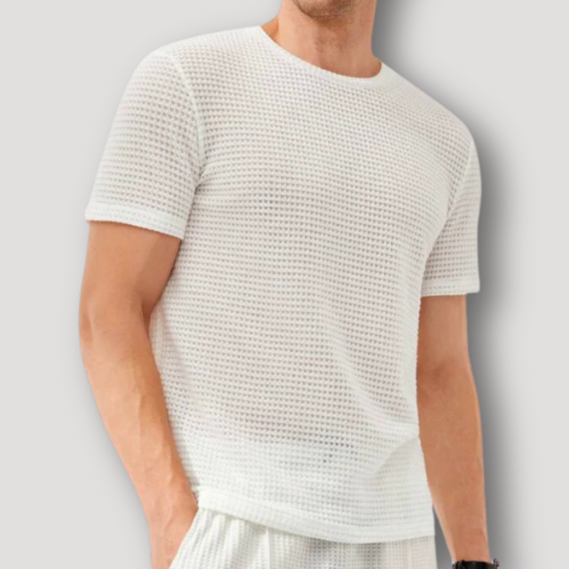 Wit Wafel Knit Zomer Crew Neck T Shirt Mannen