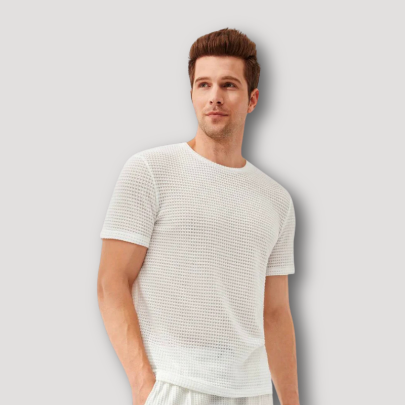 Wit Wafel Knit Zomer Crew Neck T Shirt Mannen