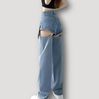 High Rise Wide Leg Convertibel Baggy Denim Jeans en Jorts