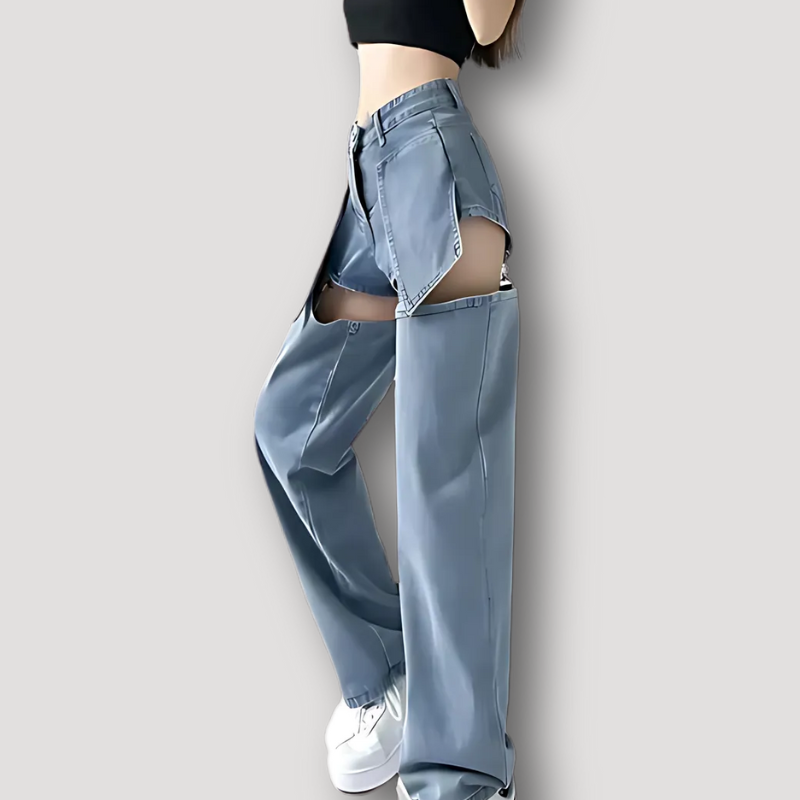 High Rise Wide Leg Convertibel Baggy Denim Jeans en Jorts