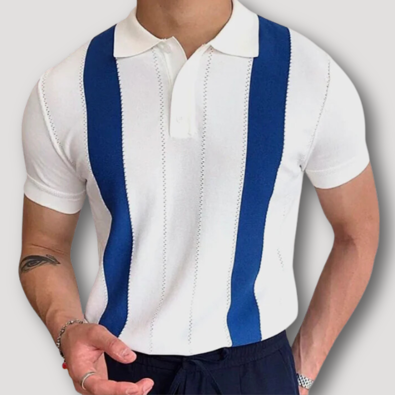 Wit Polo Verticaal Blauw Gestreept Korte Mouw Shirt