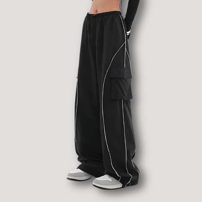 Zwart Baggy Wide Leg Strepen Cargo Joggingbroek