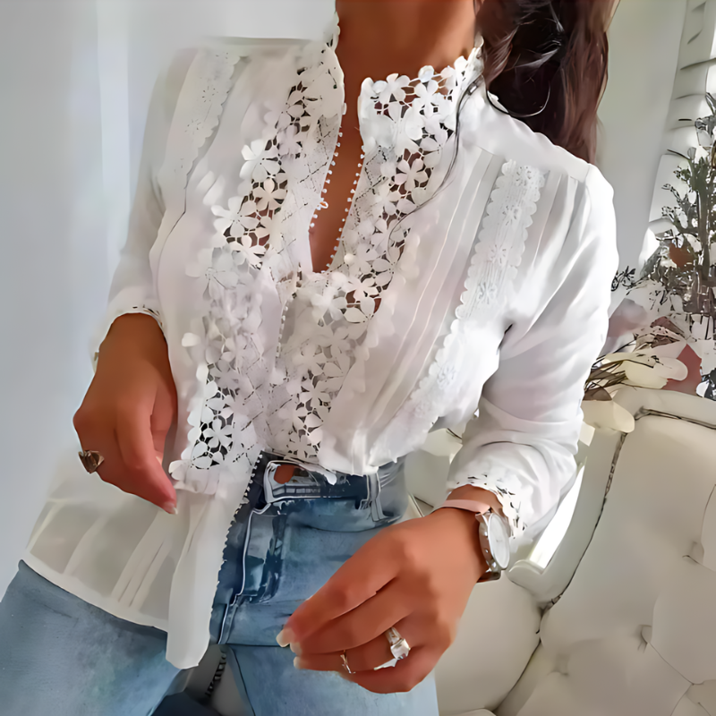 Bloemen Patroon Lace Crochet Boho Stijl Wit Blouse