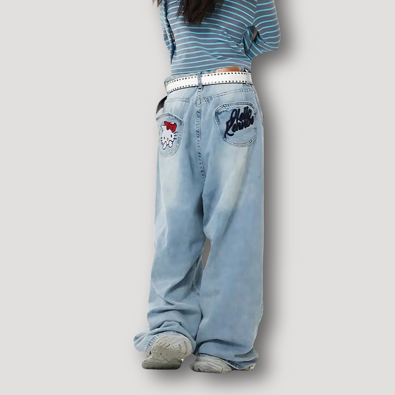 Licht Gewassen Baggy Hello Kitty Patchwork Denim Jeans