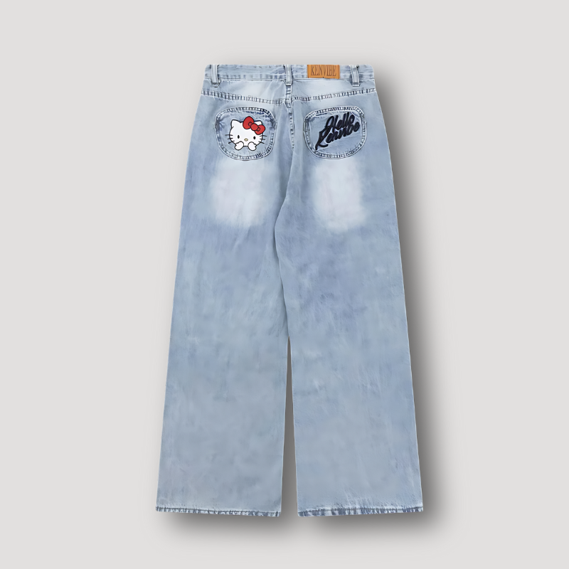 Licht Gewassen Baggy Hello Kitty Patchwork Denim Jeans