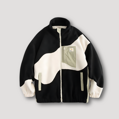 Full Zip Wavy Patroon Kleurblok Fleece Jacket Heren