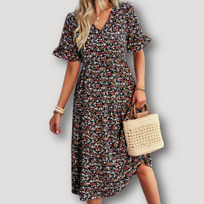 Boho Style Kleding Geruffelde Mouwen Bloemen Midi Dress