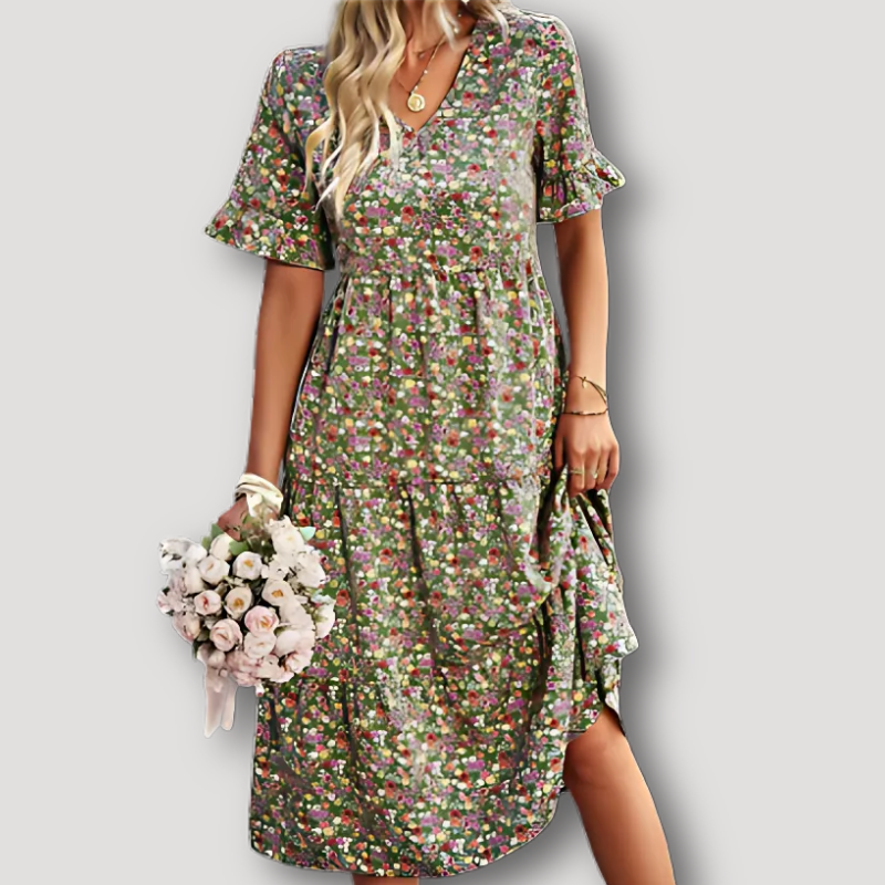 Boho Style Kleding Geruffelde Mouwen Bloemen Midi Dress