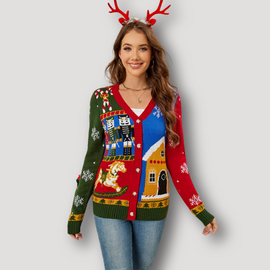 Rood Groen Nutcracker Lange Mouw Christmas Knit Cardigan