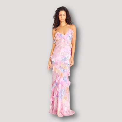 Bloemen Pastel Levendig Ruffle Maxi Dress Dames