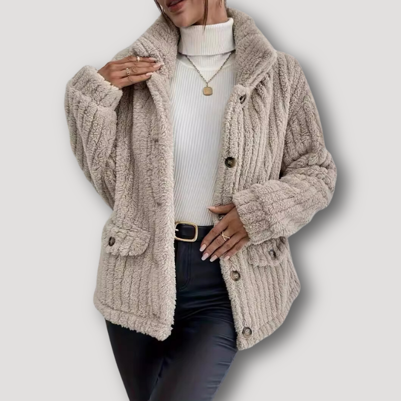 Pluche Geribbeld Beige Button Up Sherpa Jas Dames