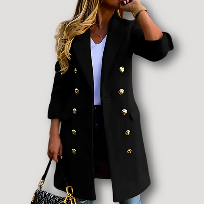 Midi Lapel Gouden Knop Dames Coat Double Breasted