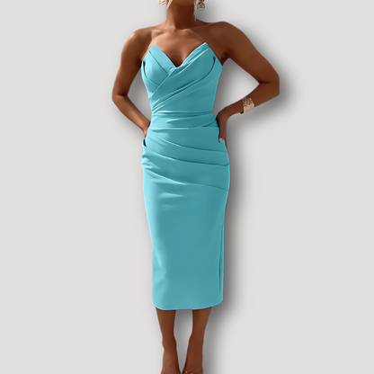 Gerimpelde Elegante Strapless Bodycon Satijn Midi Jurk