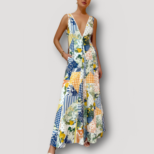 Bloemen Patchwork V-hals Maxi Jurk