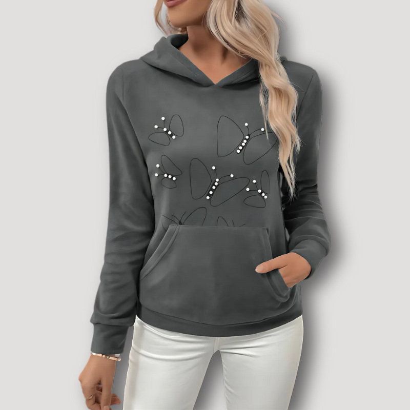 Grijze Casual Parel Butterfly Embellishment Hoodie