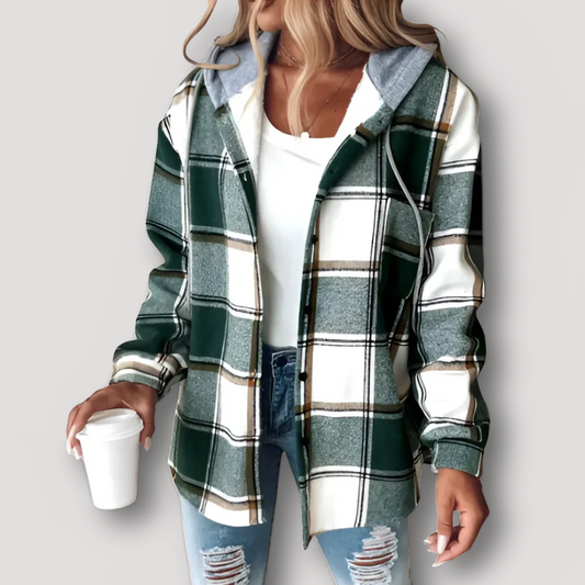 Groen Geruit Button Up Hooded Shirt Jas Dames