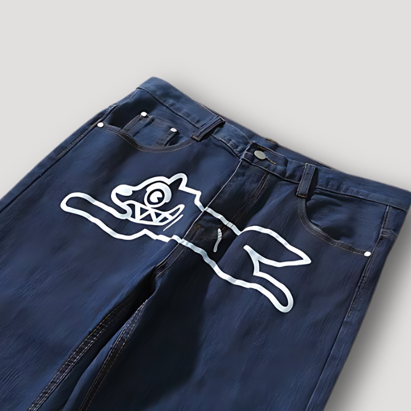 Vliegende Hond Grafische Print Blauw Denim Jeans