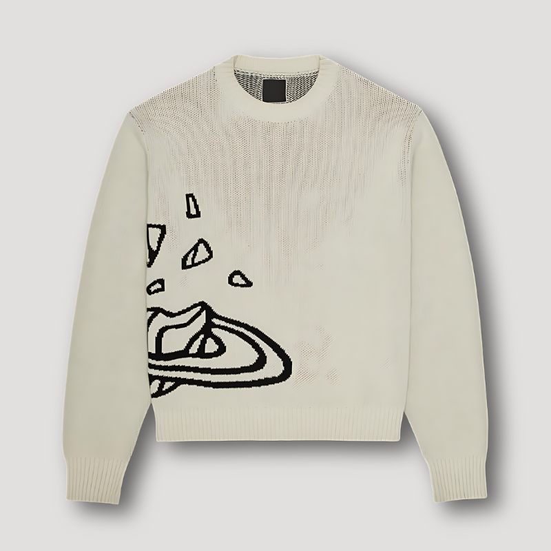 Abstracte Ruimte Grafisch Druk Crew Neck Geribbeld Knitted Sweater