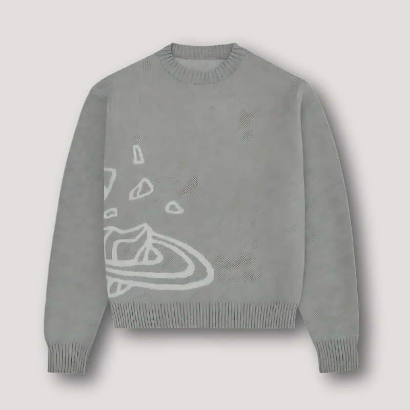 Abstracte Ruimte Grafisch Druk Crew Neck Geribbeld Knitted Sweater