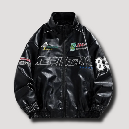 Full Zip Geborduurd Racing Leren Jas