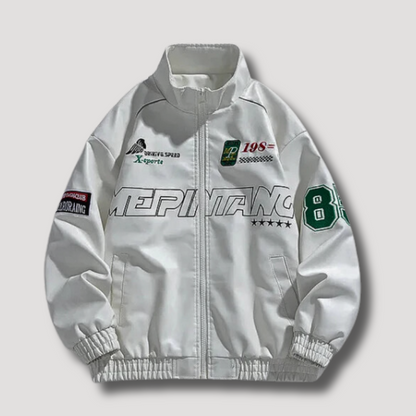 Full Zip Geborduurd Racing Leren Jas