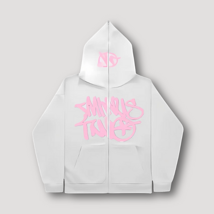 Graffiti Style Hoodie Wit - Zip Up - Relaxed Fit - Streetwear - Y2K
