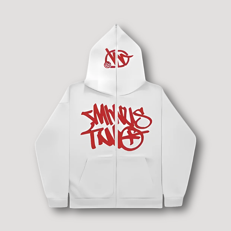 Graffiti Style Hoodie Wit - Zip Up - Relaxed Fit - Streetwear - Y2K