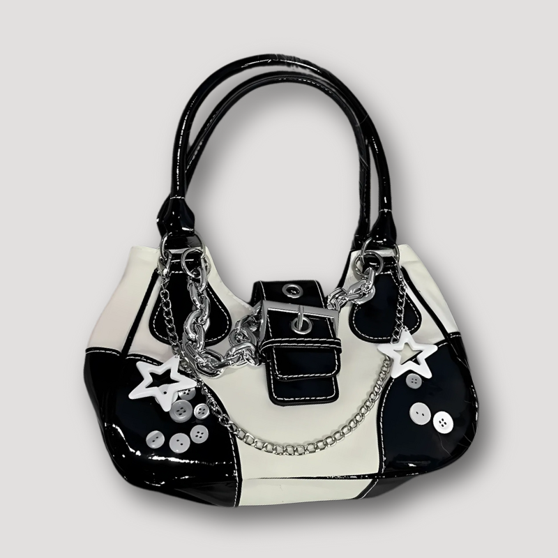 Monochrome Ster Zilveren Ketting Patent Leather Handbag Voor Dames