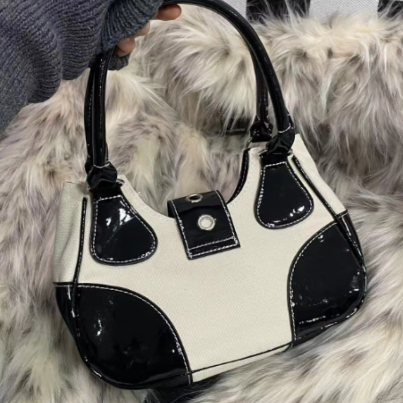 Monochrome Ster Zilveren Ketting Patent Leather Handbag Voor Dames