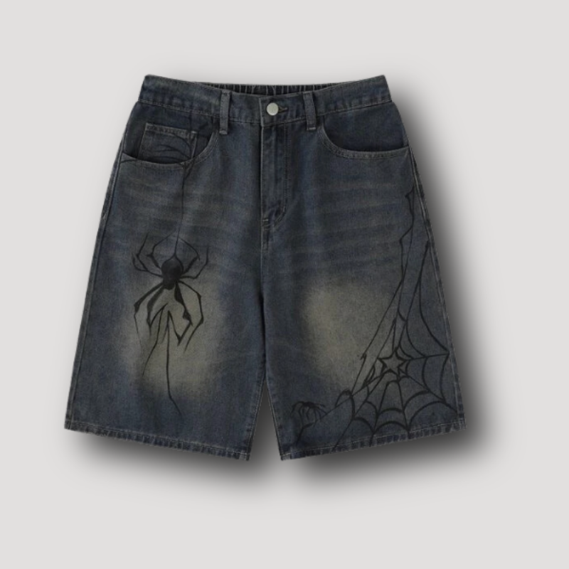 Y2k Spinnen Denim Jorts - Streetwear korte broek heren sale