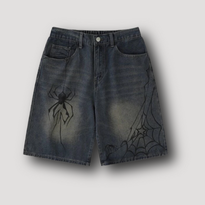 Y2k Spinnen Denim Jorts - Streetwear korte broek heren sale