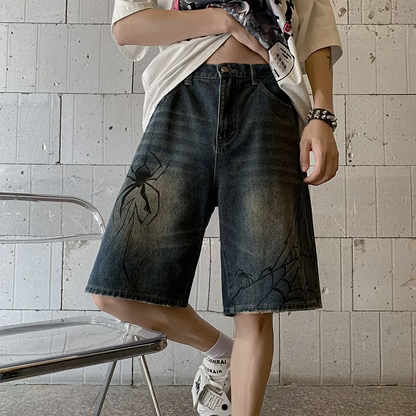 Y2k Spinnen Denim Jorts - Streetwear korte broek heren sale