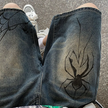 Y2k Spinnen Denim Jorts - Streetwear - Korte Broek Heren - Shorts Mannen