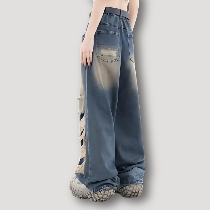 Extreem Distressed Washed Gescheurd High Rise Jeans Wide Leg