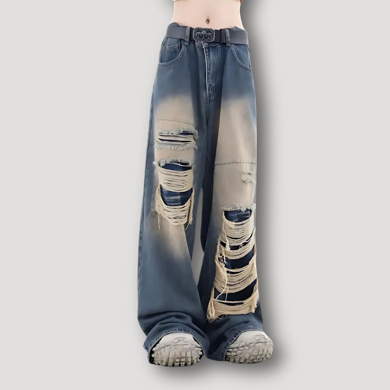 Extreem Distressed Washed Gescheurd High Rise Jeans Wide Leg