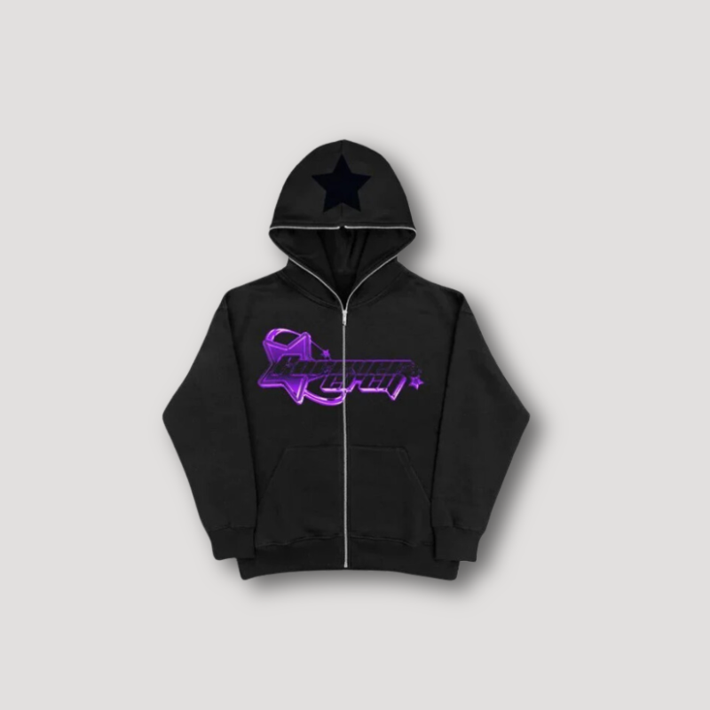 Zip Up Black Purple Star Grafische Afdrukken Hoodie