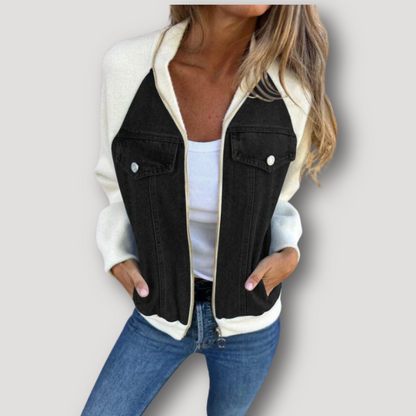 Kleur Contrast Zip Up Fleece Denim Jacket Dames