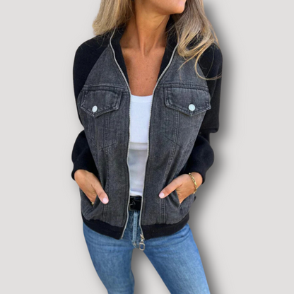 Kleur Contrast Zip Up Fleece Denim Jacket Dames