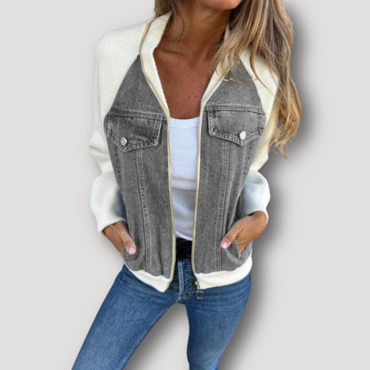 Kleur Contrast Zip Up Fleece Denim Jacket Dames