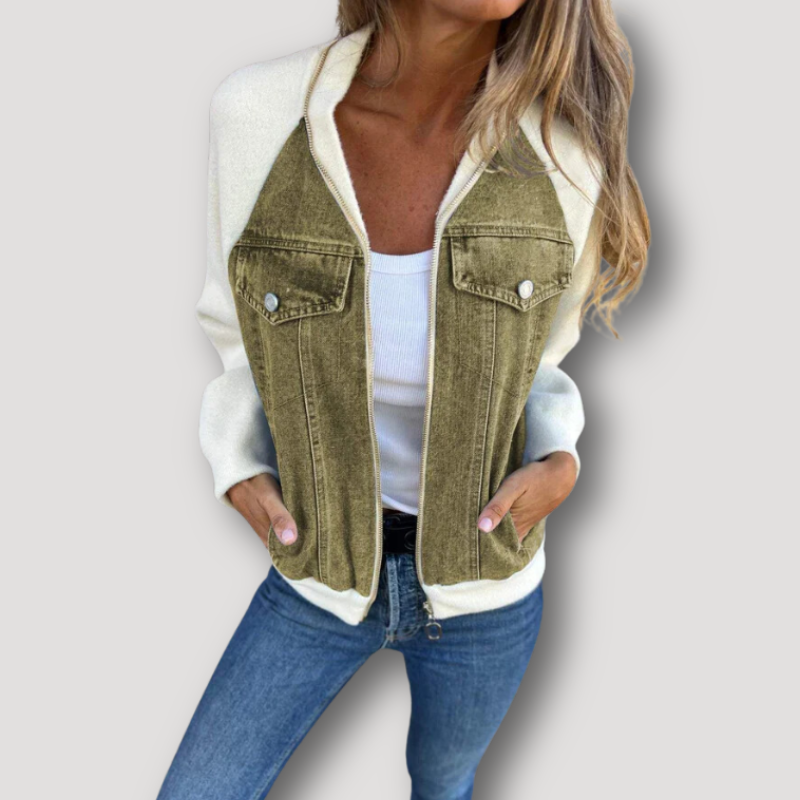 Kleur Contrast Zip Up Fleece Denim Jacket Dames