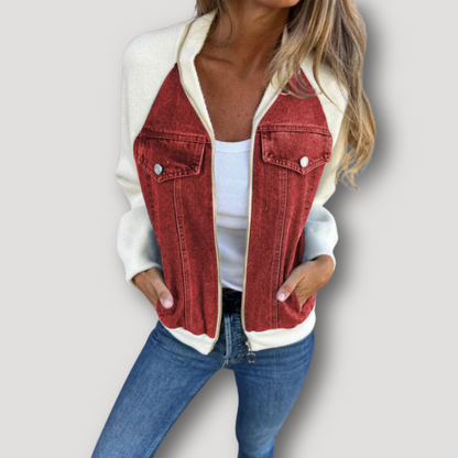 Kleur Contrast Zip Up Fleece Denim Jacket Dames