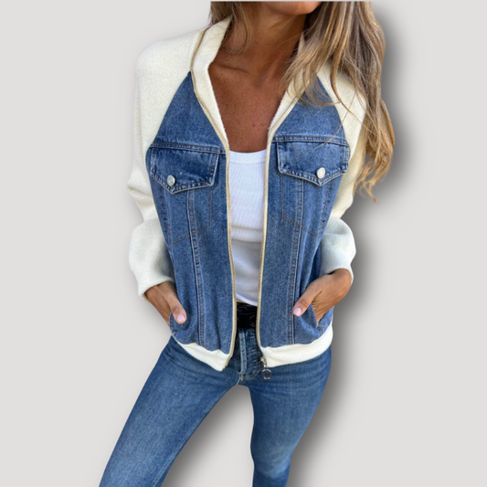 Kleur Contrast Zip Up Fleece Denim Jacket Dames