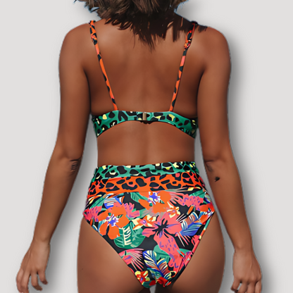 Luipaard en Tropisch Patroon Highwaist Bikini Set