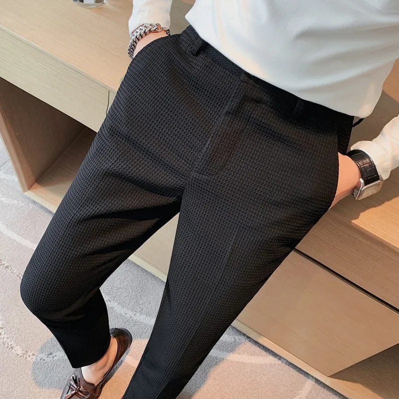 black / 28  48-53KG Suit Pants Autumn Winter Fashion Waffle Dress Pants For Men Clothing Business Casual Slim Fit Men's Formal Trousers High Quality